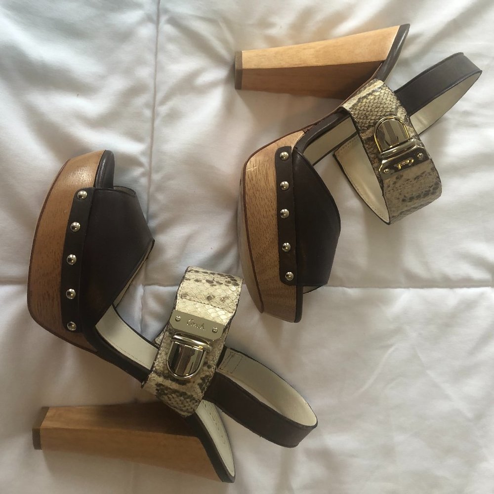 Coach Platform Wooden Sandals - Brown Leather & Snakeskin - Size 8.5